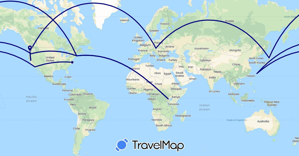 TravelMap itinerary: driving in Austria, Japan, Uganda, United States (Africa, Asia, Europe, North America)